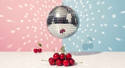 Disco ball shines brightly above a vibrant cluster of cherries on a white table with pink and blue background