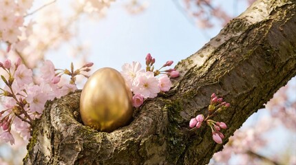 golden easter egg nestled in cherry blossom tree branch on a sunny spring day