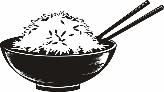 A simple, monochrome illustration features a bowl filled with rice and chopsticks for a meal