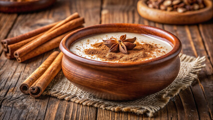 Canjica Dessert with Cinnamon and Star Anise in Rustic Bowl on Wooden Table for Food Blogs, Healthy Recipes, Culinary Websites, and Cultural Cooking Articles