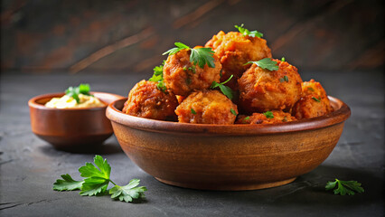 Crispy Conch Fritters in a Wooden Bowl with Sauce for Food Blogs, Culinary Websites, Recipe Sharing, and Social Media Food Content