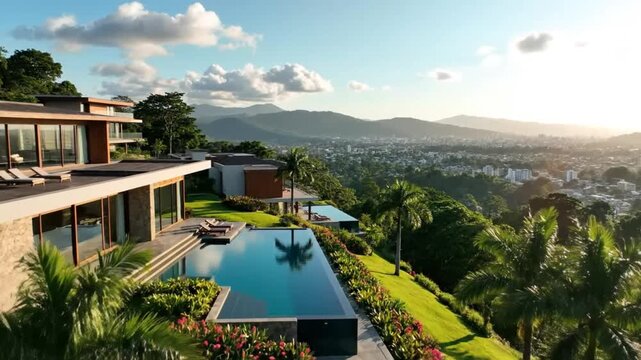Luxurious hillside villa with infinity pool and panoramic city and mountain views during sunset