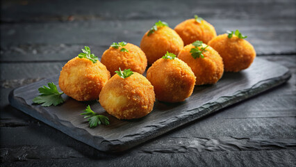 Golden croquetas Arranged on a Black Slate Plate for Culinary Blogs, Restaurant Menus, Food Photography, and Gourmet Recipe Websites