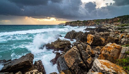 Obraz premium Dramatic coastal scene with waves crashing on rocky shoreline.