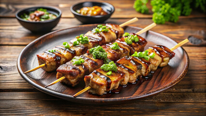 Grilled Yakitori Skewers with Garnish and Dipping Sauces on Wooden Plate for Food Blogs, Restaurant Menus, Culinary Sites, and Asian Cuisine Education