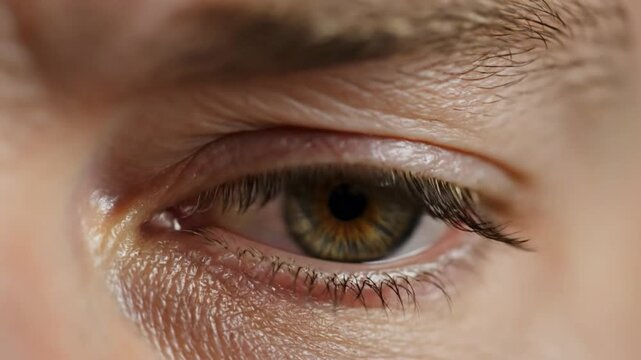 Close up view of a human eye with beautiful brown and blue iris detail, staring at the camera