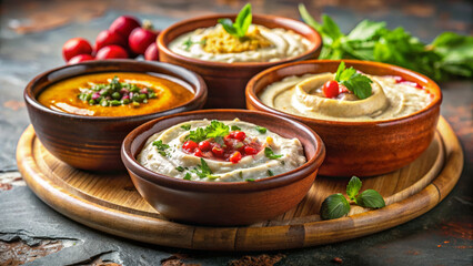 Lebanese Mezze Dips in Rustic Ceramic Bowls for Culinary Blogs, Healthy Recipes, Middle Eastern Cuisine, Food Photography, and Entertaining Ideas