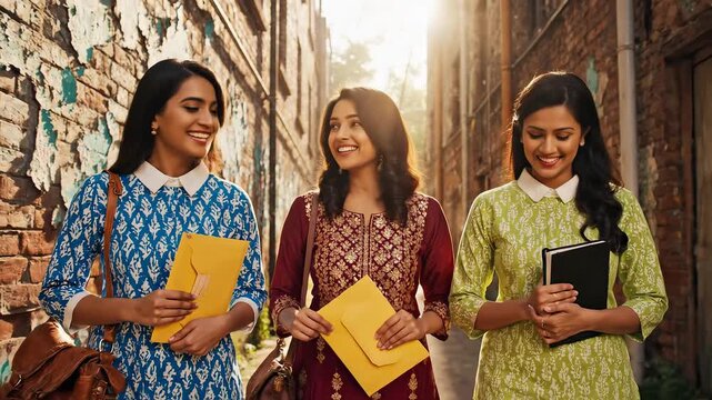 Three women walking in an alleyway