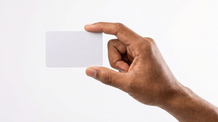 Close up of a hand holding a blank white business card or plastic card mockup isolated on white background with copy space