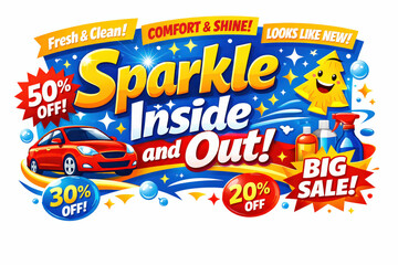 Naklejka premium Colorful advertisement, car, detergent bottle, discount tags, text bubbles, sparkles, water drops.