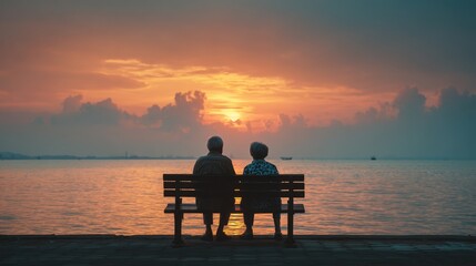 Obraz premium Elderly couple enjoying serene sunset by the sea.