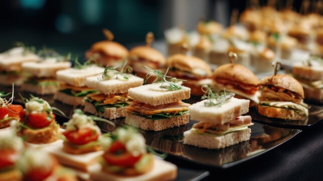 Assorted mini sandwiches and canapes on black platter for elegant catering event.
