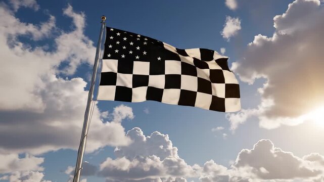 Flag with checkered pattern waving in sky