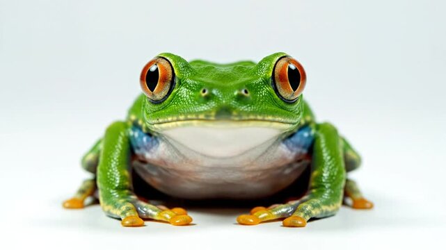 Front view of a vibrant green red-eyed tree frog with big orange eyes and textured skin on a white background