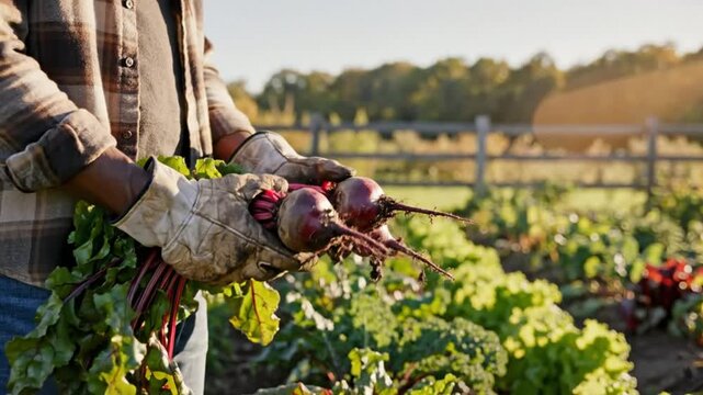 Farmer holding freshly harvested organic beets with green leaves in a sunlit garden setting