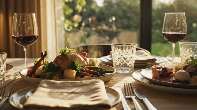 Sumptuous roast chicken dinner with wine and pie served on a sunny wooden table setting near a window