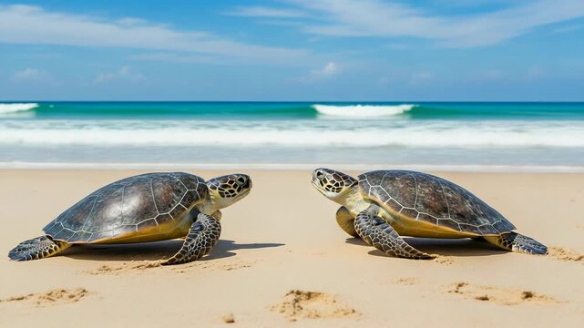 Two sea turtles bask on a sandy beach, gazing at each other, with ocean waves in background