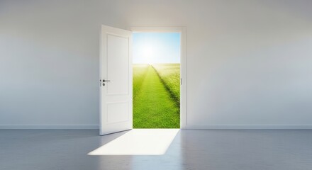 Open white door leading to sunny green field and blue sky from empty gray room with concrete floor