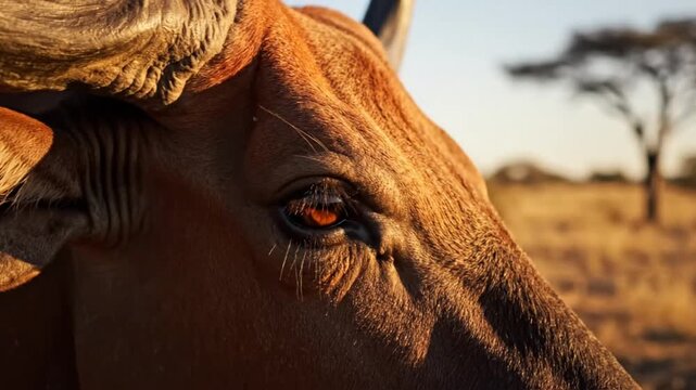 Close-up of a Red Hartebeest's Eye in Golden Sunlight Shows Its Beauty and Grace Amidst the African Savannah Landscape