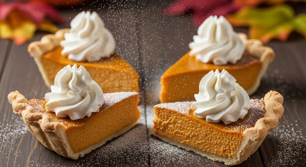 Pumpkin pie slices with whipped cream on a rustic wooden table with autumn leaves