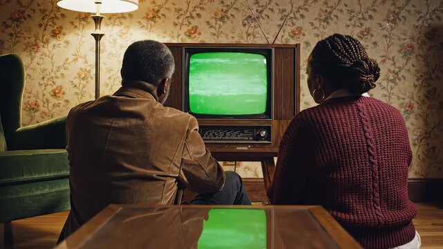 Couple watching old TV in vintage room