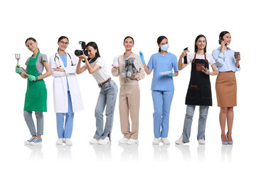 Obraz premium Choice of profession. Same woman representing different occupations. Collage of portraits on white background