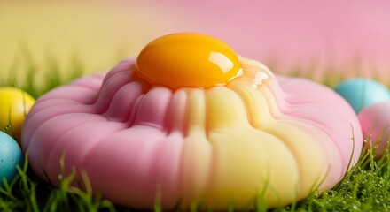 Colorful easter dessert with pink and yellow jelly on grass with pastel eggs