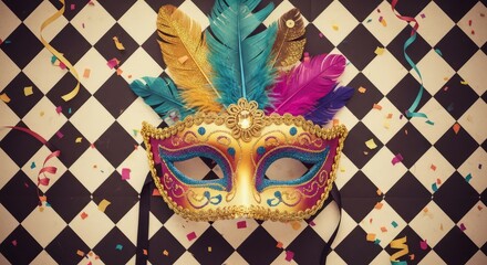 Vibrant gold mardi gras mask with colorful feathers on a black and white checkered background with confetti