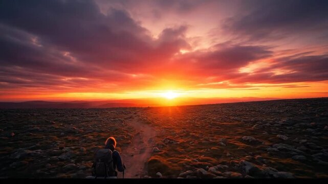 Hiker walks on rocky path towards vibrant sunset sky