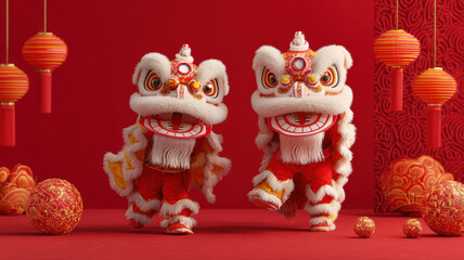 Fototapeta premium Chinese traditional lunar new year Spring Festival celebration in Asia. Two vibrant red and gold Chinese New Year lion dance costumes, surrounded by decorative balls and hanging lanterns.