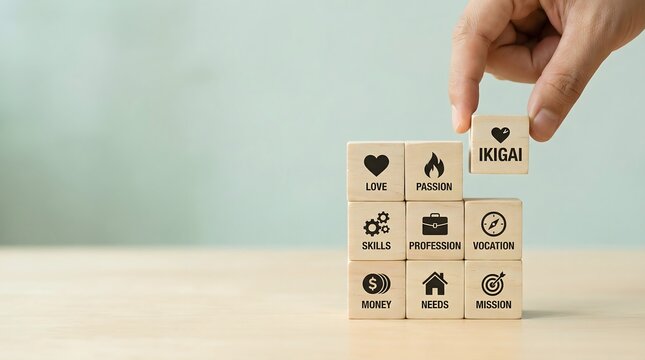 ikigai concept with wooden blocks and hand