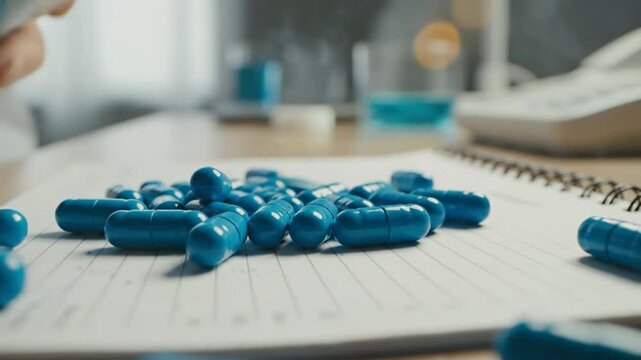Capsules poured out of medicine bottle onto lined notebook as medication concept for healthcare