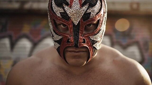Luchador wrestler in a colorful mask and belt stands confidently in front of a graffiti-covered backdrop, looking determined.