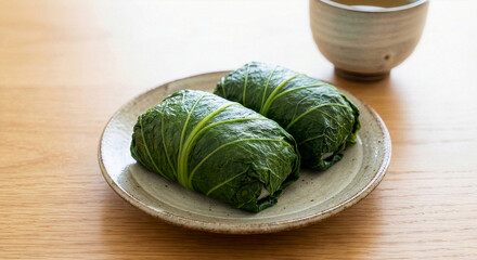 木製のテーブルに置かれた和歌山名物めはり寿司と湯呑