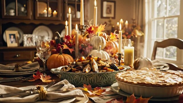 Cozy Thanksgiving Dinner Table Decorated with Autumnal Elements of Pumpkins, Candles and Apple Pie
