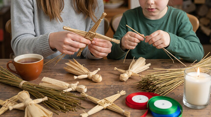 People crafting Brigid's crosses and corn dolls from straw and dried rushes on wooden table for folk art, traditional craft, cultural education, pagan blogs, and Imbolc celebration workshop