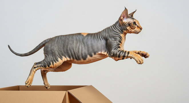 Lykoi cat lunges with focus from a cardboard box in a bright indoor space during playtime