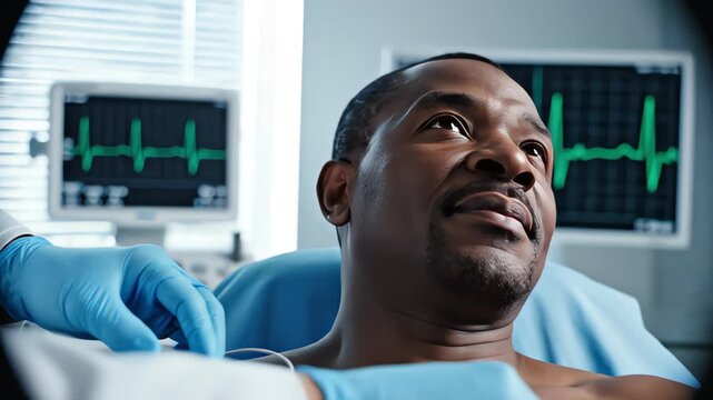 Doctor applying ECG electrode pad to chest of African American male patient, heart monitor background in hospital