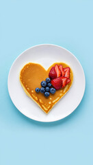 Pancake with fresh strawberries and blueberries on white plate, romantic breakfast, sweet morning meal, healthy fruit dessert, Valentine food idea, love theme and food styling concept