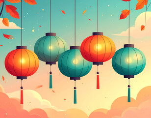 Colorful hanging lanterns in sky.
