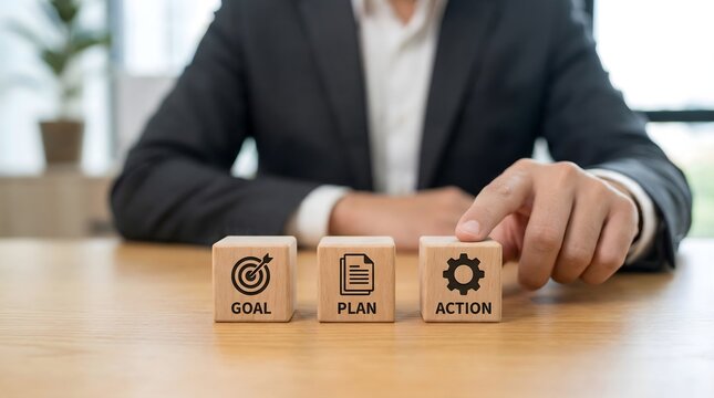 Businessman planning strategy with goal plan action blocks