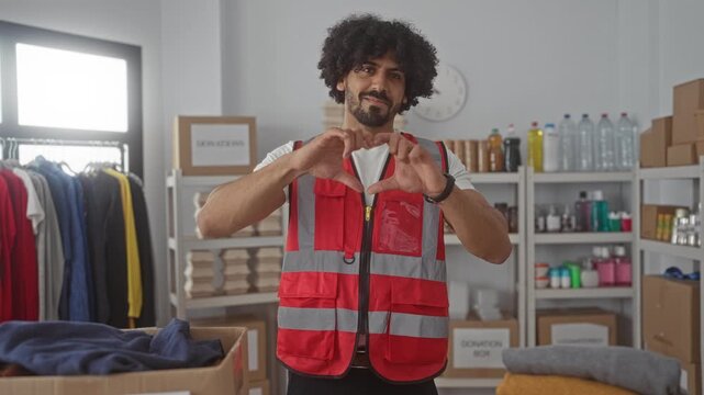 Man in red safety vest making a heart with hands inside a donation center building; compassion and service.