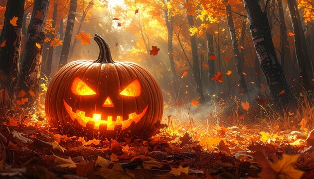 Eerie Halloween Pumpkin in Autumn Forest with Glowing Face.