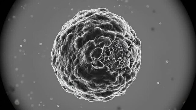 Animated dark microscopic visualization of abnormal cancer cell growth and rapid proliferation for medical research presentation