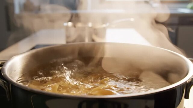Penne pasta pouring into boiling water, steam rising from a large pot on a kitchen stove