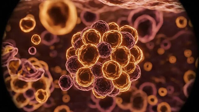 Malignant cancer cell animation visualization of abnormal tumor growth and cellular multiplication under a science microscope