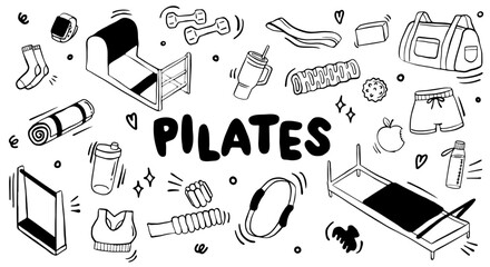 Obraz premium Pilates Doodle Illustration Set – Hand Drawn Fitness Icons in Black and White