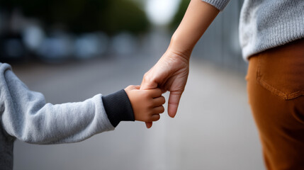 Fototapeta premium Hands of a mother and her young child holding each other outdoors,strictly preserving the exact composition, camera angle, hand positioning, scale relationship