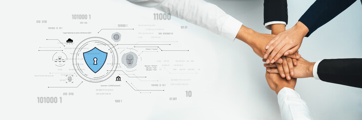 Obraz premium Hands come together in a powerful display of unity, symbolizing cooperation in a digital world focused on security and privacy for enhanced connectivity. Trope