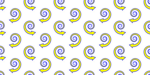 Seamless pattern with repeating yellow spiral arrow outlines on a clean white background